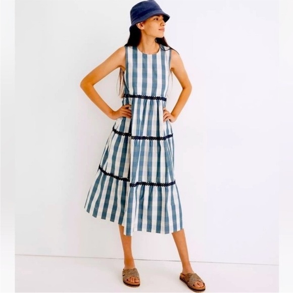 Madewell Dresses & Skirts - MADEWELL Rickrack Cattail Tiered Dress Sz L Blue White Gingham Check Cotton NWT